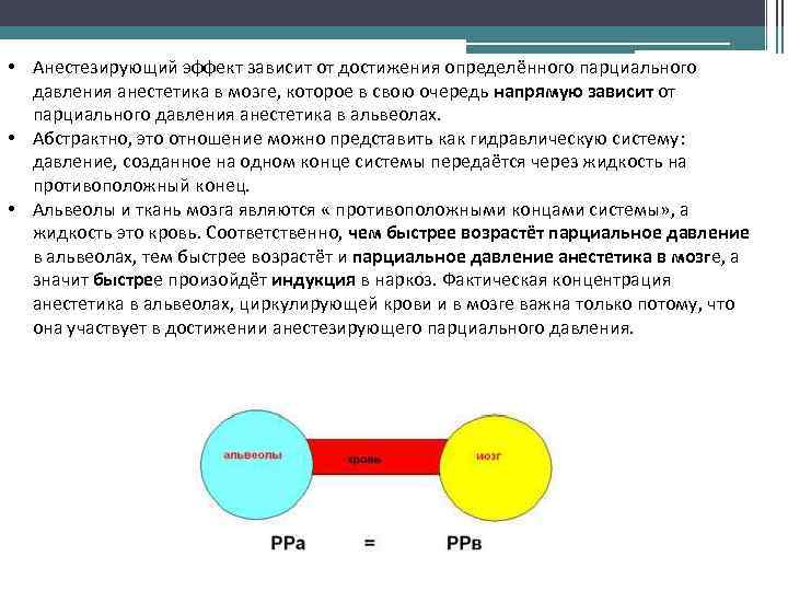  • Анестезирующий эффект зависит от достижения определённого парциального давления анестетика в мозге, которое