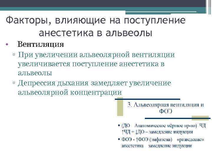 Факторы, влияющие на поступление анестетика в альвеолы • Вентиляция ▫ При увеличении альвеолярной вентиляции