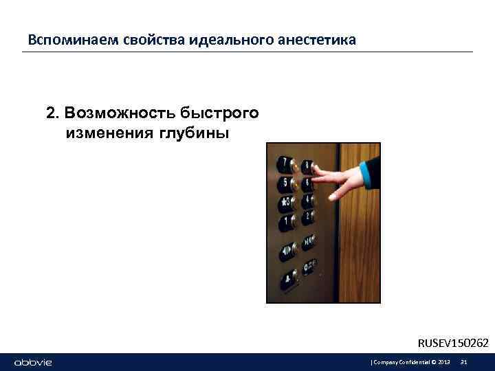 Вспоминаем свойства идеального анестетика 2. Возможность быстрого изменения глубины RUSEV 150262 | Company Confidential