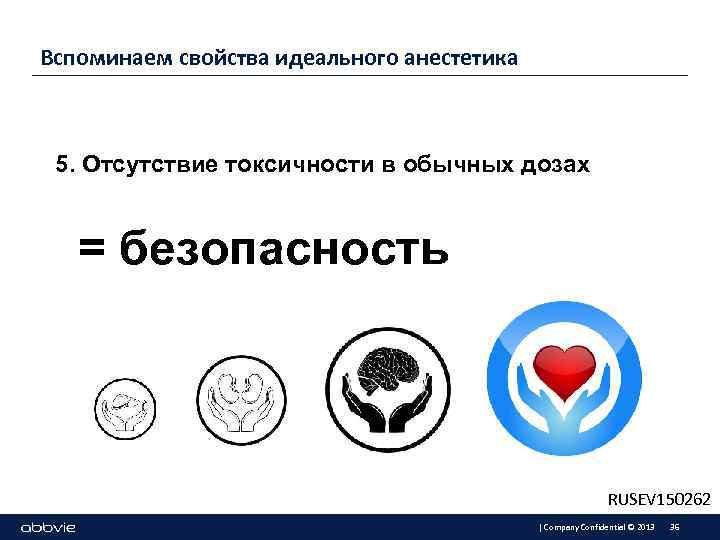 Вспоминаем свойства идеального анестетика 5. Отсутствие токсичности в обычных дозах = безопасность RUSEV 150262