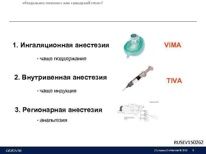  «Раздельное питание» или «шведский стол» ? 1. Ингаляционная анестезия VIMA - чаще поддержание