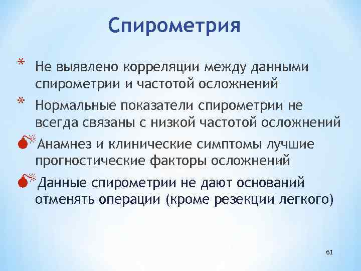 Спирометрия * Не выявлено корреляции между данными спирометрии и частотой осложнений * Нормальные показатели