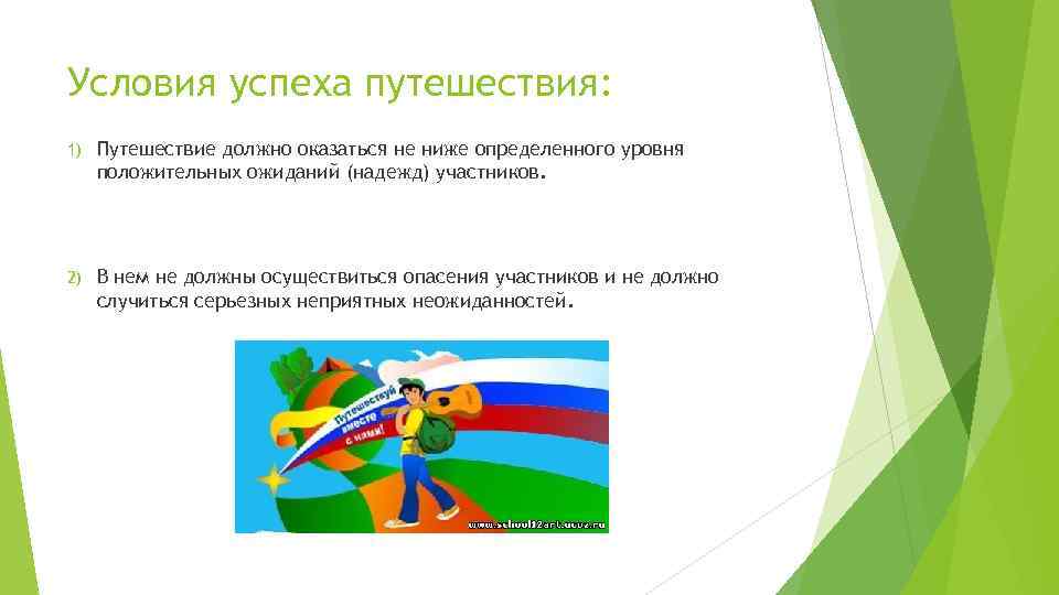 Условия успеха путешествия: 1) Путешествие должно оказаться не ниже определенного уровня положительных ожиданий (надежд)
