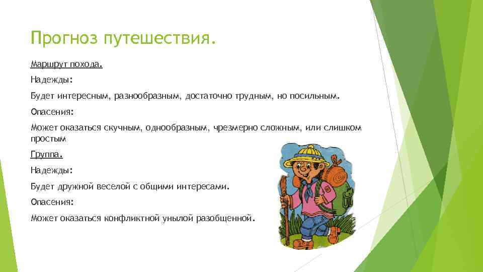 Прогноз путешествия. Маршрут похода. Надежды: Будет интересным, разнообразным, достаточно трудным, но посильным. Опасения: Может