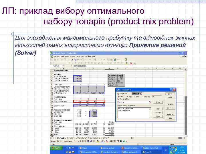ЛП: приклад вибору оптимального набору товарів (product mix problem) Для знаходження максимального прибутку та