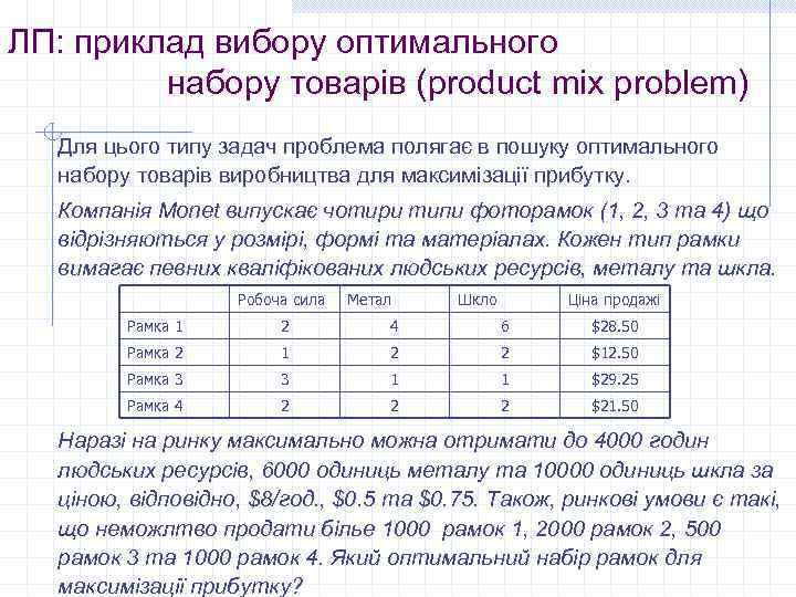 ЛП: приклад вибору оптимального набору товарів (product mix problem) Для цього типу задач проблема