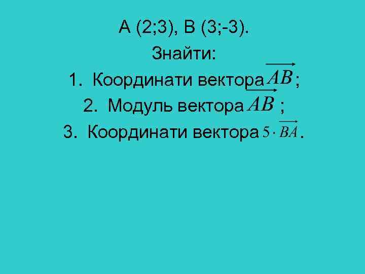 А (2; 3), В (3; -3). Знайти: 1. Координати вектора ; 2. Модуль вектора