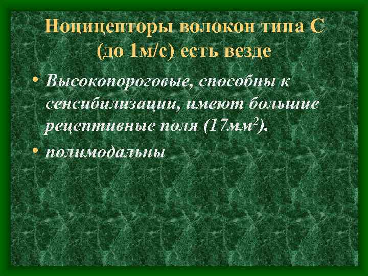 Ноцицепторы волокон типа С (до 1 м/с) есть везде • Высокопороговые, способны к сенсибилизации,
