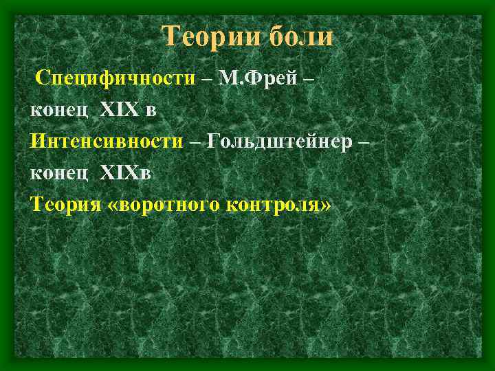 Теории боли Специфичности – М. Фрей – конец XIX в Интенсивности – Гольдштейнер –