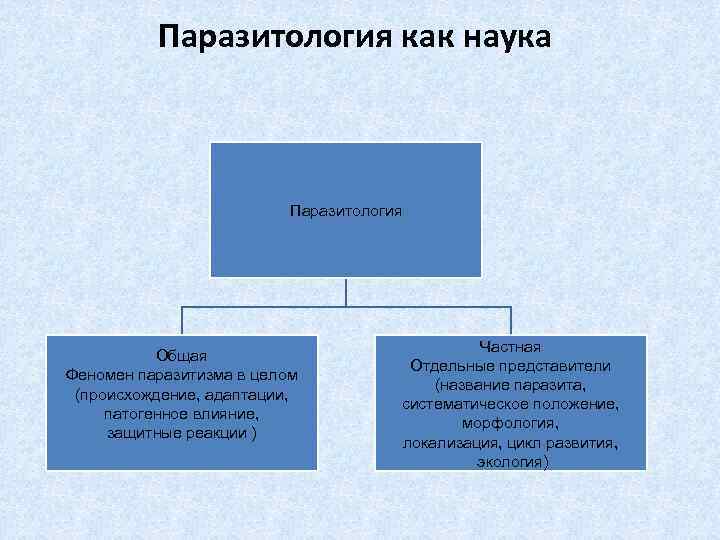 Паразитология как наука Паразитология Общая Феномен паразитизма в целом (происхождение, адаптации, патогенное влияние, защитные