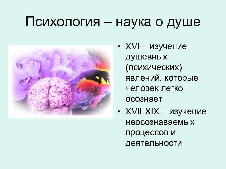 Психология – наука о душе • XVI – изучение душевных (психических) явлений, которые человек