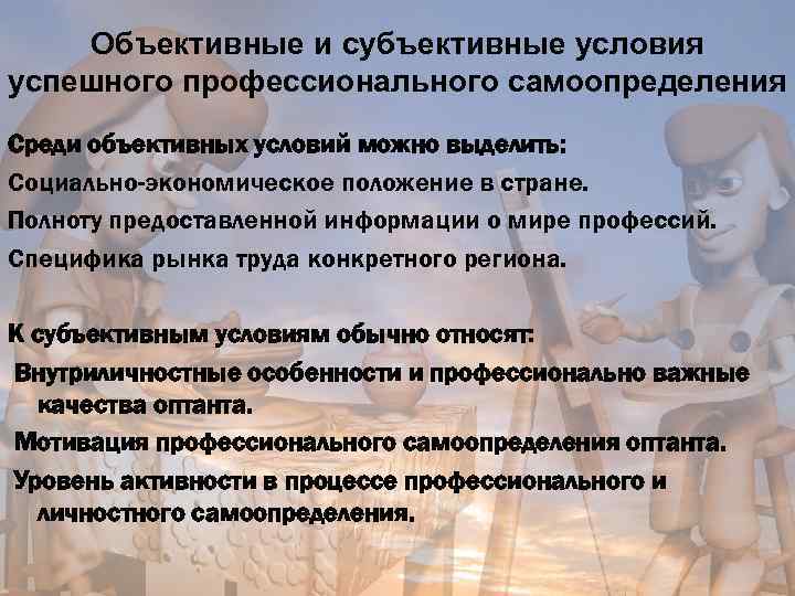 Объективные и субъективные условия успешного профессионального самоопределения Среди объективных условий можно выделить: Социально-экономическое положение