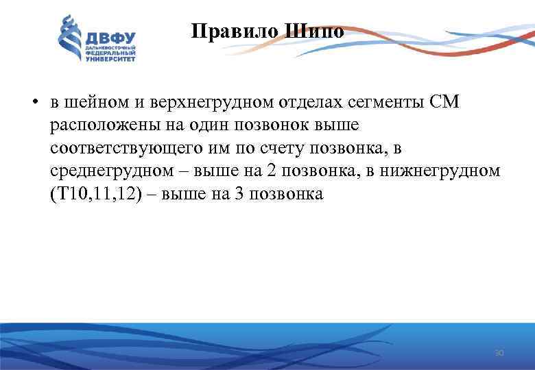 Правило Шипо • в шейном и верхнегрудном отделах сегменты СМ расположены на один позвонок