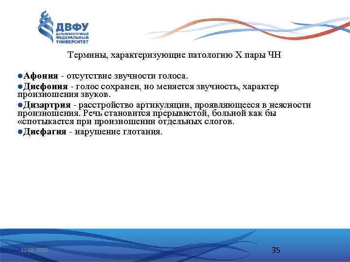 Термины, характеризующие патологию Х пары ЧН l. Афония отсутствие звучности голоса. l. Дисфония голос