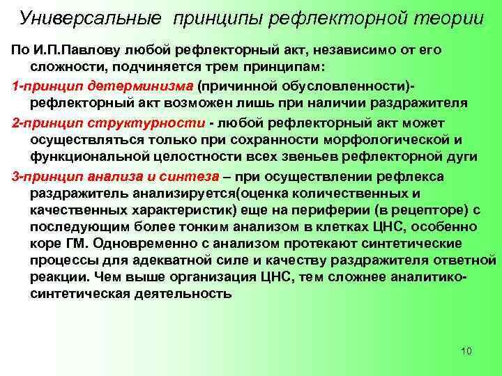Универсальные принципы рефлекторной теории По И. П. Павлову любой рефлекторный акт, независимо от его