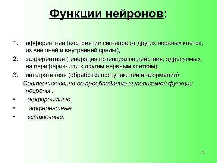 Функции нейронов: 1. афферентная (восприятие сигналов от других нервных клеток, из внешней и внутренней
