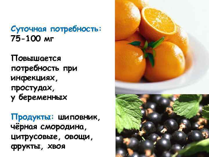 Суточная потребность: 75 -100 мг Повышается потребность при инфекциях, простудах, у беременных Продукты: шиповник,
