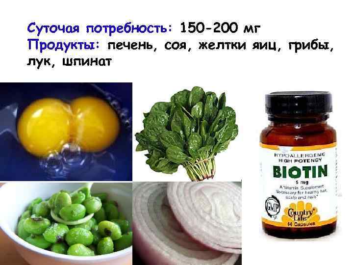 Суточая потребность: 150 -200 мг Продукты: печень, соя, желтки яиц, грибы, лук, шпинат 