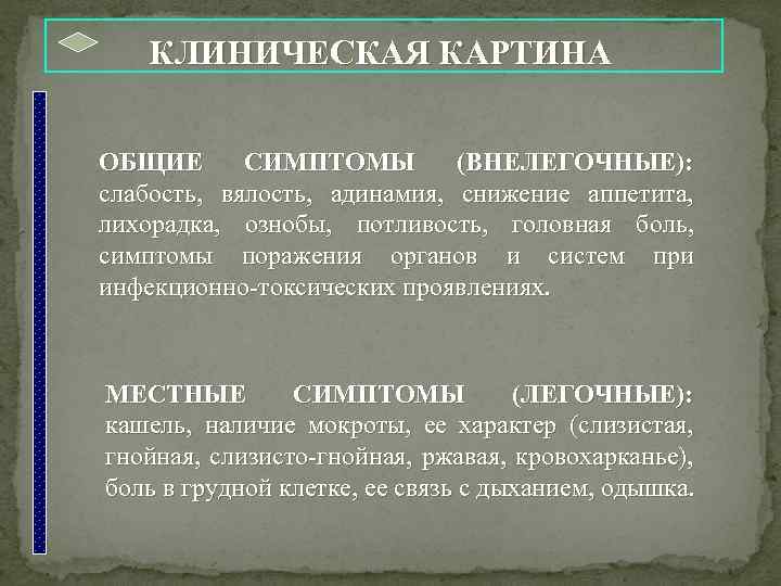  КЛИНИЧЕСКАЯ КАРТИНА ОБЩИЕ СИМПТОМЫ (ВНЕЛЕГОЧНЫЕ): слабость, вялость, адинамия, снижение аппетита, лихорадка, ознобы, потливость,