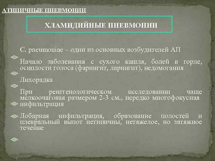 АТИПИЧНЫЕ ПНЕВМОНИИ ХЛАМИДИЙНЫЕ ПНЕВМОНИИ C. pneumoniae – один из основных возбудителей АП Начало заболевания