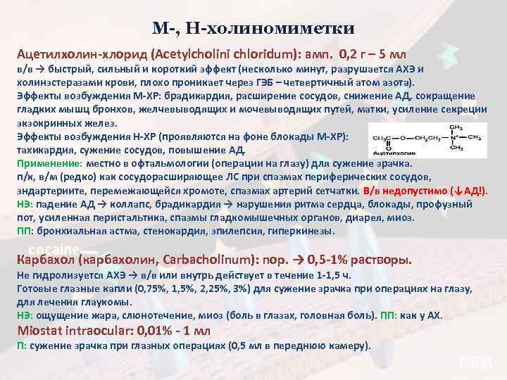 М-, Н-холиномиметки Ацетилхолин-хлорид (Acetylcholini chloridum): амп. 0, 2 г – 5 мл в/в →