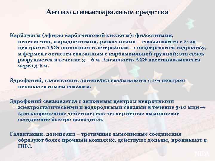 Антихолинэстеразные средства Карбаматы (эфиры карбаминовой кислоты): физостигмин, неостигмин, пиридостигмин, ривастигмин – связываются с 2