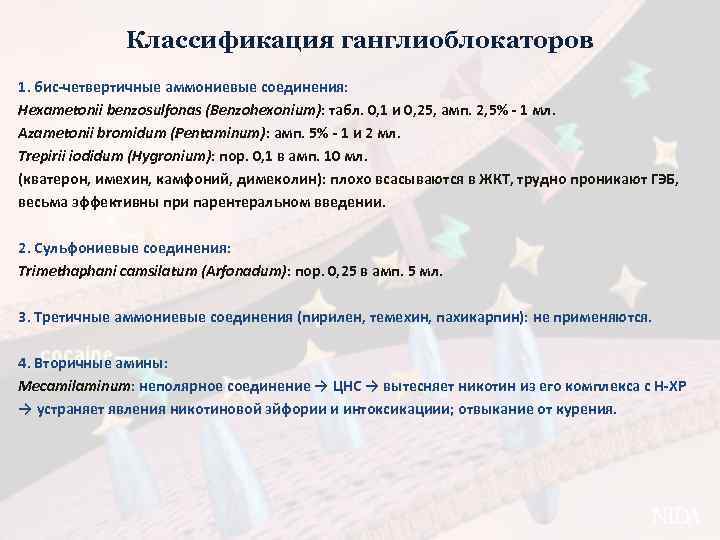 Классификация ганглиоблокаторов 1. бис-четвертичные аммониевые соединения: Hexametonii benzosulfonas (Benzohexonium): табл. 0, 1 и 0,
