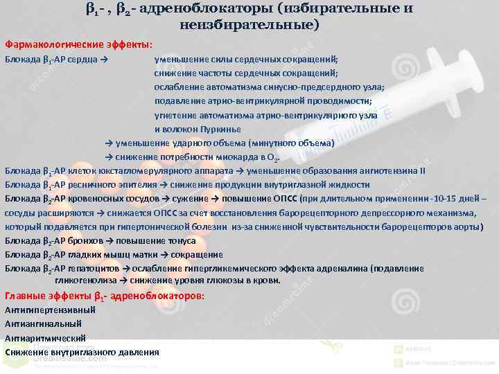 β 1 - , β 2 - адреноблокаторы (избирательные и неизбирательные) Фармакологические эффекты: Блокада