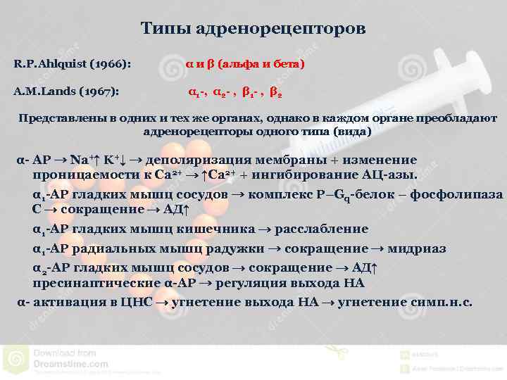 Типы адренорецепторов R. P. Ahlquist (1966): α и β (альфа и бета) A. M.