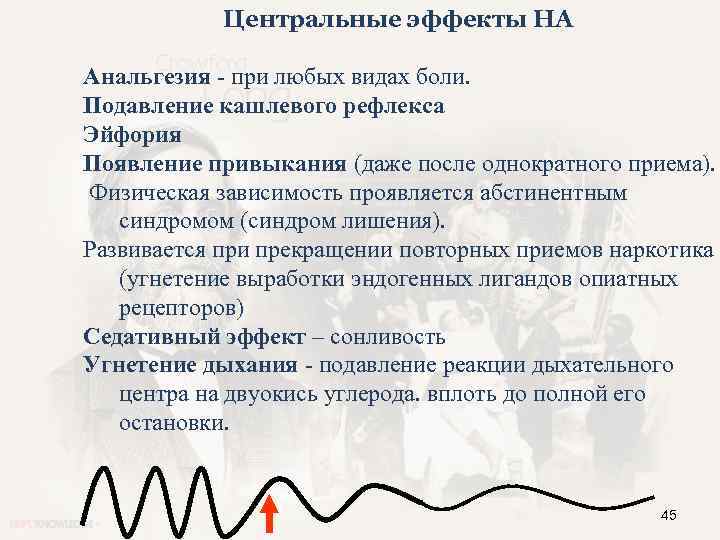 Центральные эффекты НА Анальгезия - при любых видах боли. Подавление кашлевого рефлекса Эйфория Появление