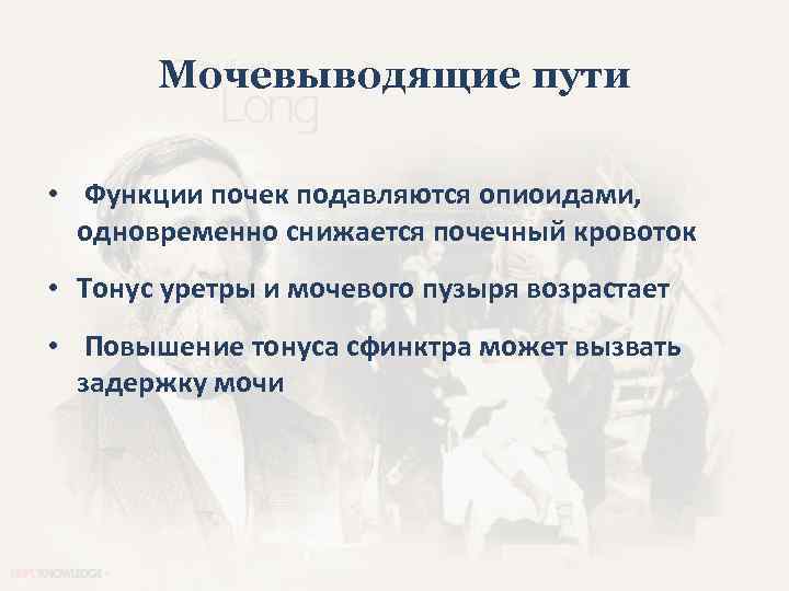 Мочевыводящие пути • Функции почек подавляются опиоидами, одновременно снижается почечный кровоток • Тонус уретры