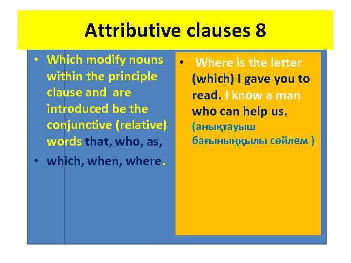 Attributive clauses 8 • Which modify nouns • Where is the letter within the