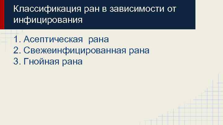 Классификация ран в зависимости от инфицирования 1. Асептическая рана 2. Свежеинфицированная рана 3. Гнойная