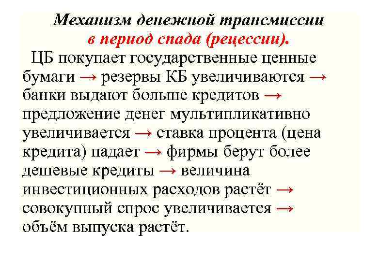 Механизм политики. Денежно кредитная политика в период экономического спада. Механизмы монетарной политики в период спада. Монетарный механизм. Период спада.