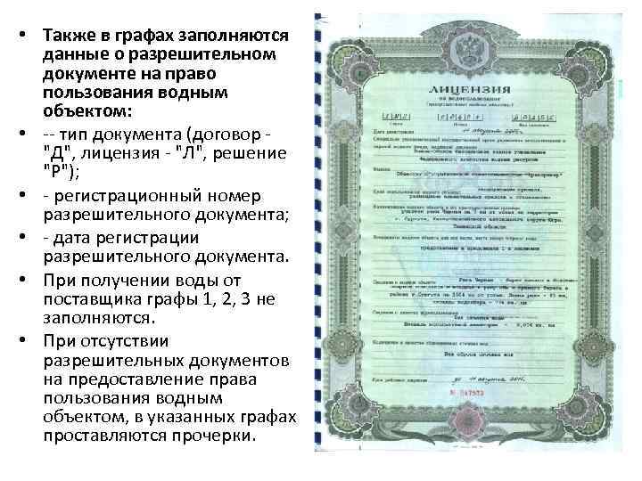  • Также в графах заполняются данные о разрешительном документе на право пользования водным