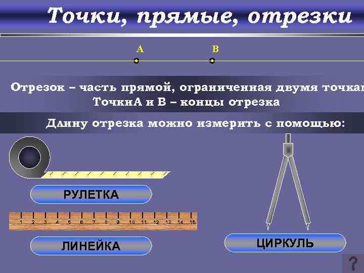 Точки, прямые, отрезки A B Отрезок – часть прямой, ограниченная двумя точкам Точки. A