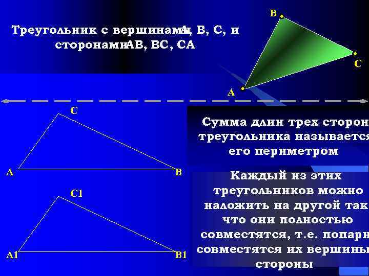 B Треугольник с вершинами B, C, и A, сторонами. AB, BC, CA C A