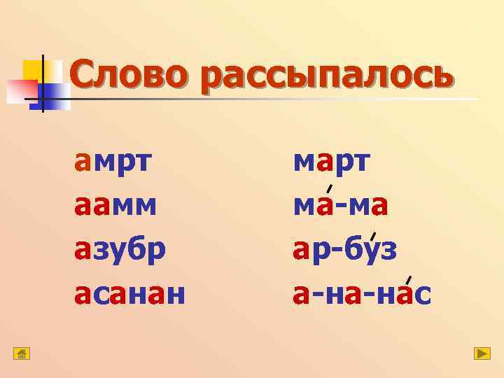 Слово рассыпалось амрт аамм азубр асанан март ма-ма ар-буз а-на-нас 