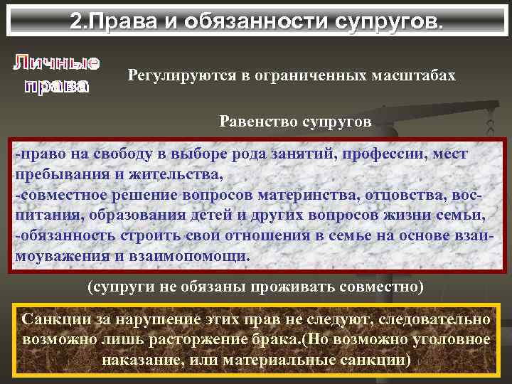 2. Права и обязанности супругов. Регулируются в ограниченных масштабах Равенство супругов -право на свободу