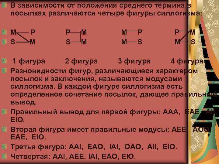 В зависимости от положения среднего термина в посылках различаются четыре фигуры силлогизма: M S