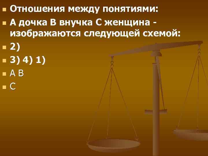 n n n Отношения между понятиями: А дочка В внучка С женщина изображаются следующей
