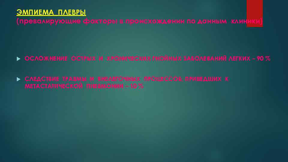 ЭМПИЕМА ПЛЕВРЫ (превалирующие факторы в происхождении по данным клиники) ОСЛОЖНЕНИЕ ОСТРЫХ И ХРОНИЧЕСКИХ ГНОЙНЫХ