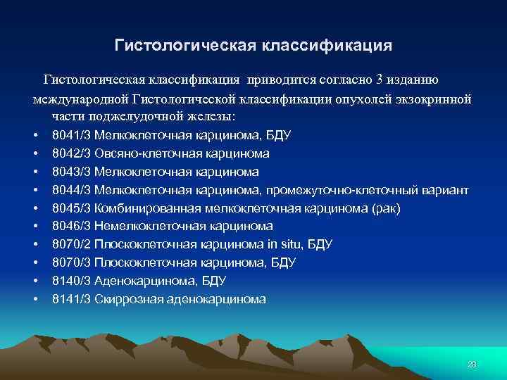 Гистологическая классификация приводится согласно 3 изданию международной Гистологической классификации опухолей экзокринной части поджелудочной железы: