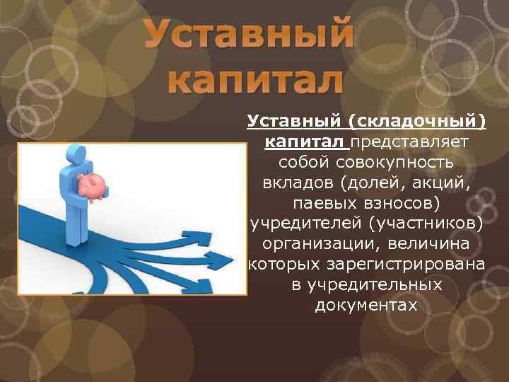 Уставный капитал Уставный (складочный) капитал представляет собой совокупность вкладов (долей, акций, паевых взносов) учредителей