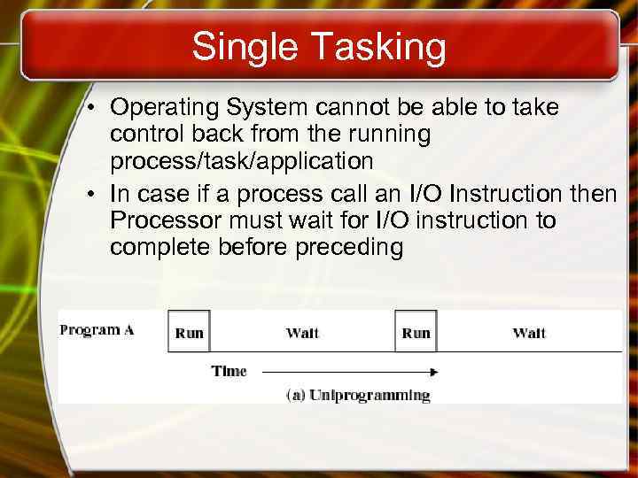 Single Tasking • Operating System cannot be able to take control back from the