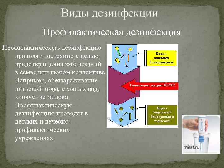 Виды дезинфекции Профилактическая дезинфекция Профилактическую дезинфекцию проводят постоянно с целью предотвращения заболеваний в семье