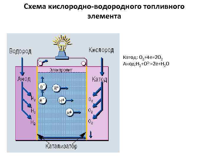 Схема кислородно-водородного топливного элемента Катод: О 2+4 е=2 О 2 Анод: Н 2+О 2