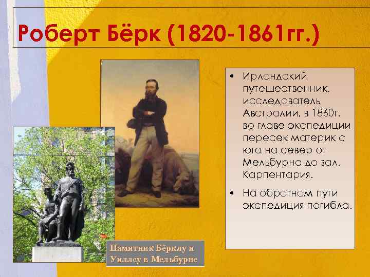 Роберт Бёрк (1820 -1861 гг. ) • Ирландский путешественник, исследователь Австралии, в 1860 г.