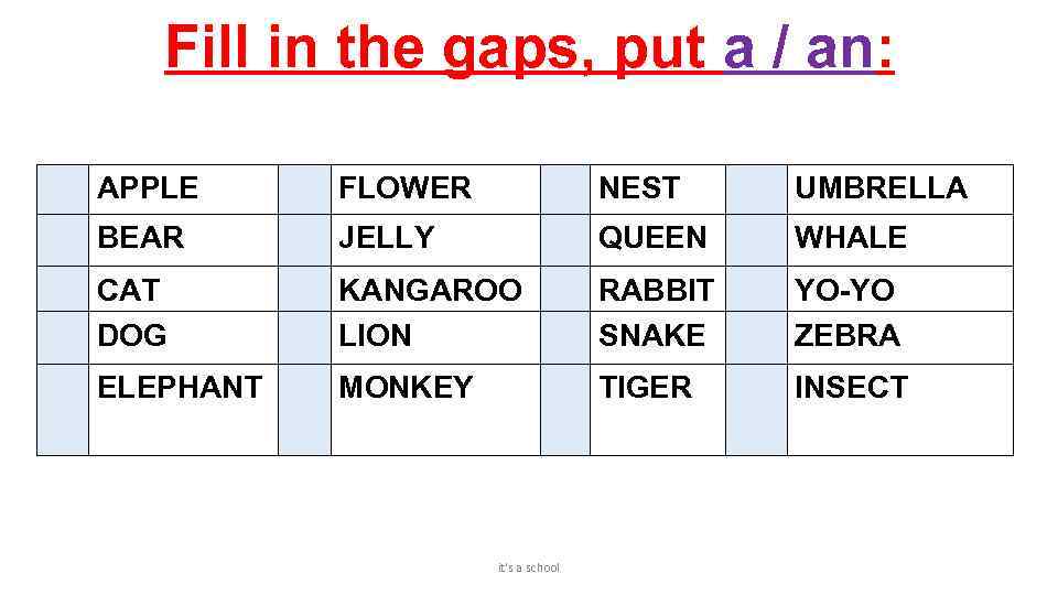 Fill in the gaps, put a / an: APPLE FLOWER NEST UMBRELLA BEAR JELLY
