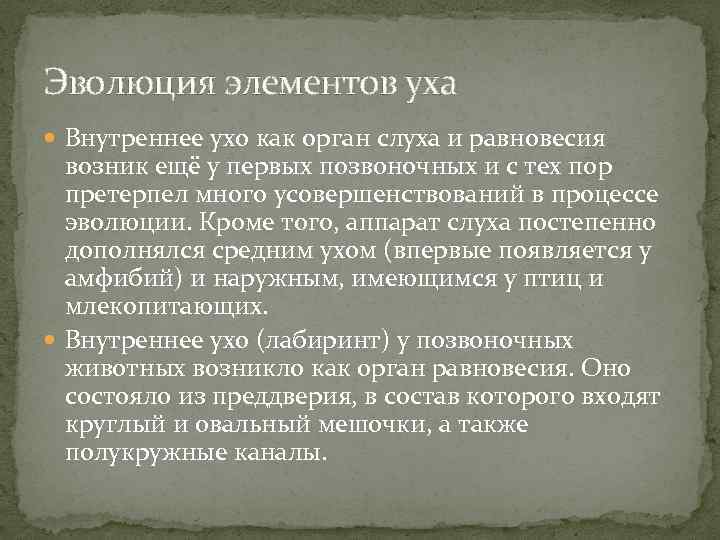 Эволюция элементов уха Внутреннее ухо как орган слуха и равновесия возник ещё у первых